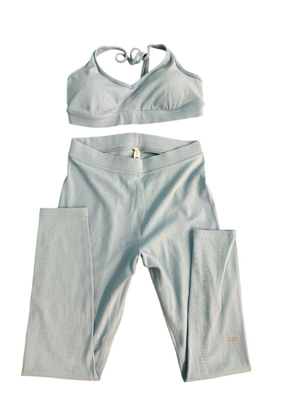 Alo Yoga Ribbed Strappy Light Blue Sports Bra High Waisted Pant Set M